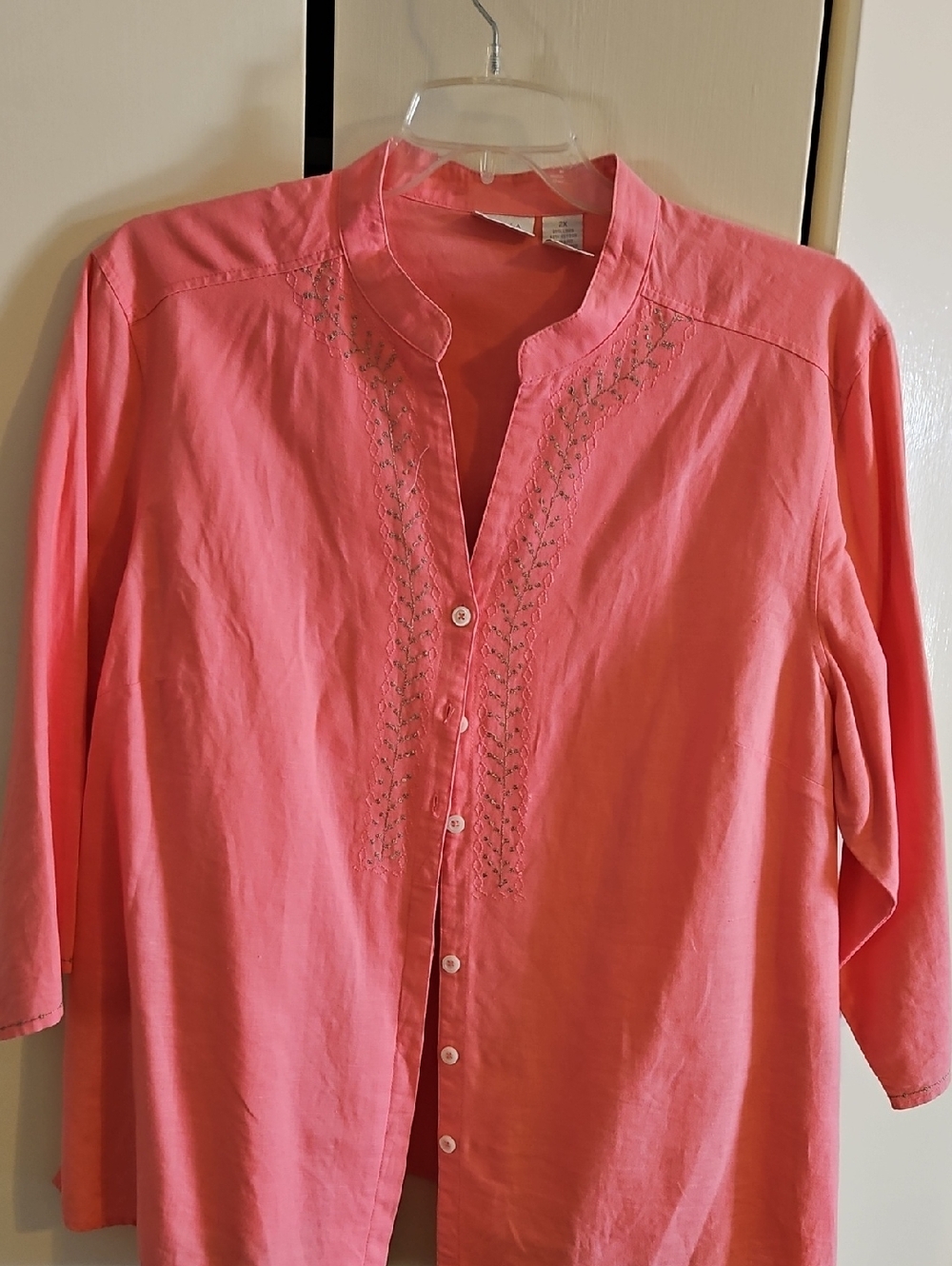 Coral Embroidered Button-Up Linen Tunic